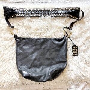 Be & D Black Genuine Leather Gold Studded Shoulder Bag